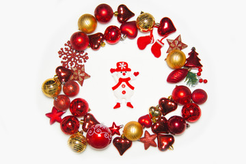 Top view on frame made of christmas decoration with new year balls on isolated white background