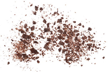 Pile chopped, milled chocolate shavings isolated on white