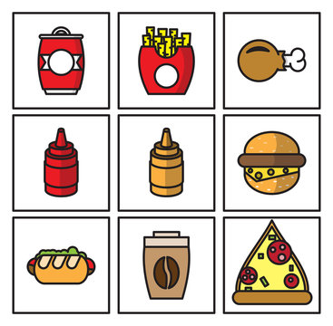 set of colorful icons of fast food products,unhealthy food
,vector image, flat design, black outline,