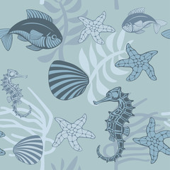 seamless pattern with aquatic animals and plants