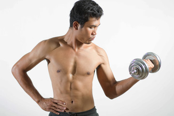 Fototapeta na wymiar Man fitness muscular muscle torso strength on white 