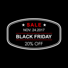 20% off. Black Friday discount banner. Sale tag or stamp. Special offer, flyer, promo design element. Vector illustration.