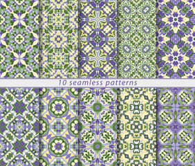 Set of ten classic seamless patterns in shades of blue and green. Decorative and design elements for textile, book covers, manufacturing, wallpapers, print, gift wrap.