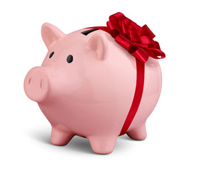 Piggy bank with ribbon on white, money gift concept