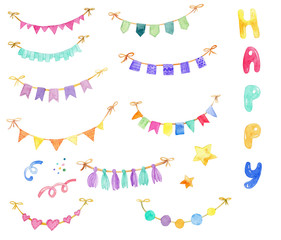 Buntings, bunting, banner watercolor clip art, colorful, party, birthday,fun,, celebration, invitation, thank you card, hand painted clip art