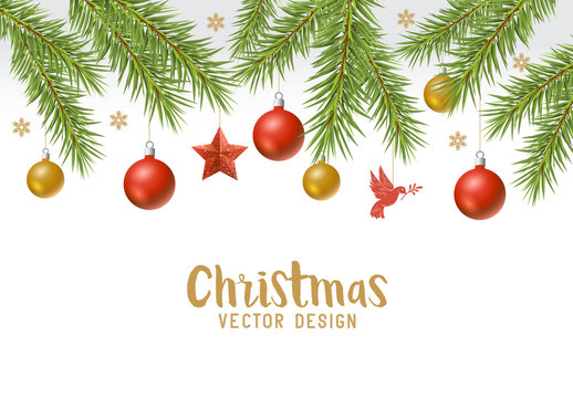 Hanging Christmas decorations composition with fir tree branches, wooden stars and xmas baubles. Vector illustration