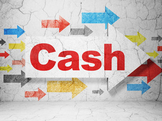 Obraz premium Money concept: arrow with Cash on grunge textured concrete wall background, 3D rendering