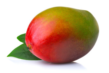 Ripe mango fruits with leaves isolated on white background