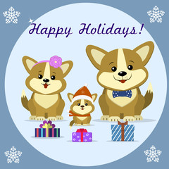 Christmas card three cute dog corgi, family, sitting next to gift boxes, in a round frame.