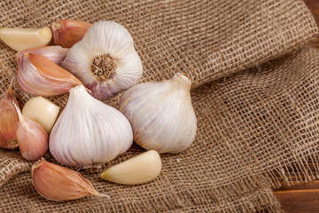 Garlic horizontal banner. Eco farming concept. Whole garlics and cloves on piece of sacking textured background. Organic food.