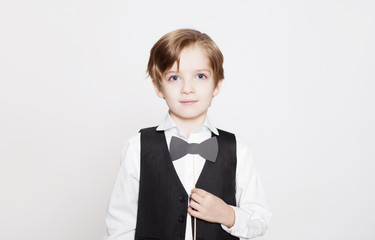 Portrait of laughing beautiful blond child. Close up of cheerful funny small boy isolated on white background.