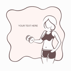 Sporty fit woman in the gym. Picture of a beautiful sexy girl with dumbbells in her hands. Vector illustration of a graphic outline silhouette