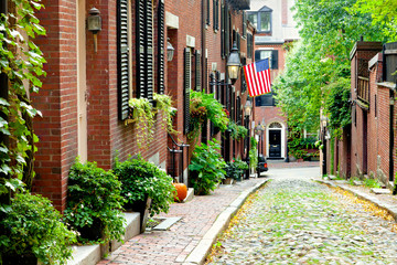 Fototapeta na wymiar Boston picturesque cobblestone street in historic Beacon Hill. Most beautiful old street in Boston.