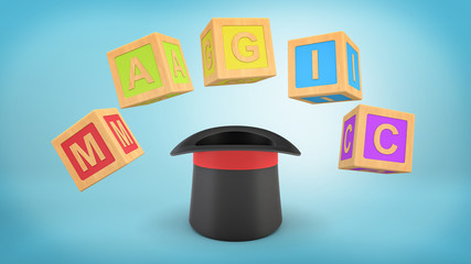 3d rendering of a illusionist's hat standing upside down with large colorful cubes making a word MAGIC above it.
