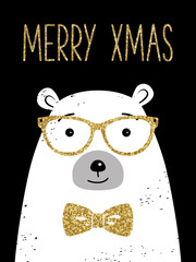 Hipster Christmas greeting card with polar bear. Merry Xmas. Black, gold, white colors. Gold glitter texture.