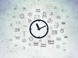 Timeline concept: Painted black Clock icon on Digital Data Paper background with  Hand Drawing Time Icons