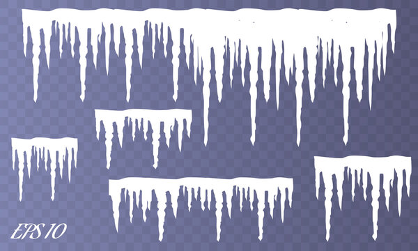 Set of snow icicles isolated on transparent background. Vector illustration