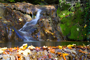 waterfall in Cheile Nerei national park, La Vaioaga - Mountain stream among the mossy stones