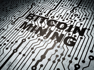 Fototapeta premium Cryptocurrency concept: circuit board with word Bitcoin Mining, 3D rendering