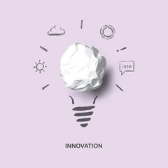 New creative idea. Art concept of idea and innovation with realistic paper bulb and sketch.