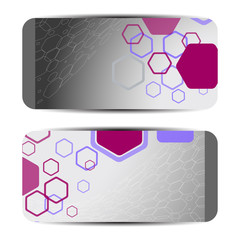 Empty gift voucher with purple and lilac hexagon pattern on the gray background with shadow.
