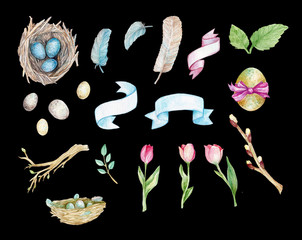 Easter hand painted watercolor, nest with eggs illustration, feathers, tulips, ribbons, banners, willow, leaves, Easter collection, spring 