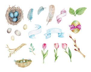 Easter hand painted watercolor, nest with eggs illustration, feathers, tulips, ribbons, banners, willow, leaves, Easter collection, spring 