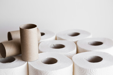 White toilet paper rolls with empty rolls on the gray background. Hygiene concept. Empty place for text.