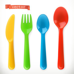 Plastic cutlery. Kids food. 3d realistic vector icon set