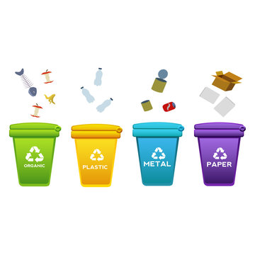 Trash can, out wheeled bin icon, throw garbage, waste, bottle, swing apple, paper, unnecessary things, to throw. Flat design, vector illustration, vector.