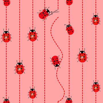 ladybug seamless pattern. Seamless vector pattern with insects, chaotic background with bright close-up ladybugs, over light backdrop