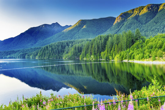 Capilano Reservoir Lake Green Mountains Vancouver British Columbia