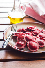 Tasty beetroot ravioli.