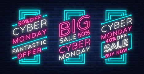 Cyber Monday a set of banners collection in a trendy neon style, a luminous signboard, a nightly advertising advertisement of sales rebates of a cyber Monday. Vector illustration for your projects