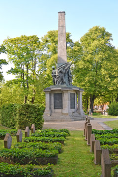 POTSDAM, GERMANY. A monument to the died Soviet soldiers at the memorial cemetery. Basseyn-plats Square