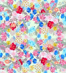 Seamless floral pattern with bouquets of gardening flowers for sundress.