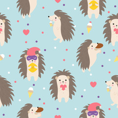 Hedgehog seamless pattern on blue background perfect for fabric and card. Cute cartoon animal. Child illustration.