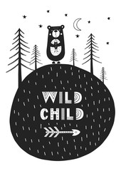 Wild child - Cute hand drawn nursery poster with cartoon animal and lettering in scandinavian style. - 178740320