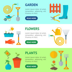 Cartoon Gardening Equipment Banner Horizontal Set. Vector