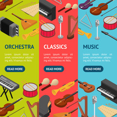 Music Instruments Banner Vecrtical Set Set Isometric View. Vector