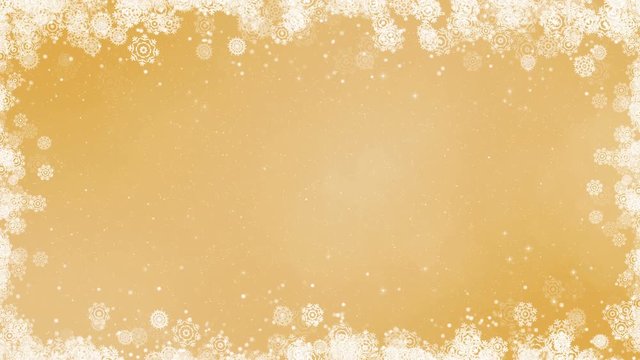 Gold new year frame background. Abstract winter card animation with snowflakes, stars and snow. Computer generated seamless loop.
