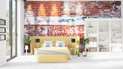 Scene with brand new interior with white rack and modern bed. 3D illustration and 3D rendering. Horizontal arrangement.