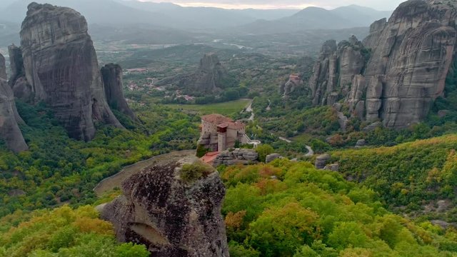 Aerial shot of Meteora, a rock formation in central Greece hosting one of the largest  complexes of Eastern Orthodox monasteries