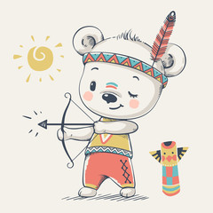 Cute bear Indian with bow and arrow cartoon hand drawn vector illustration. Can be used for baby t-shirt print, fashion print design, kids wear, baby shower celebration greeting and invitation card.