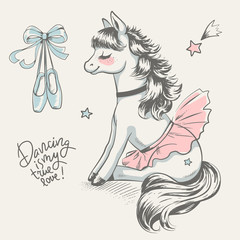 Cute little pony ballerina cartoon hand drawn vector illustration. Can be used for baby t-shirt print, fashion print design, kids wear, baby shower celebration greeting and invitation card.