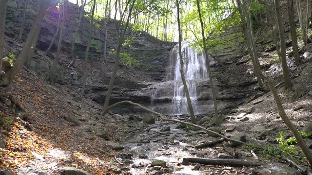 The epic 17 metre high curtain waterfall found in Ancaster Heights, Sherman Falls aka Smith's Falls and Whitton Falls. Steady hand held shot in 4K, Hamilton, Ontario, Canada