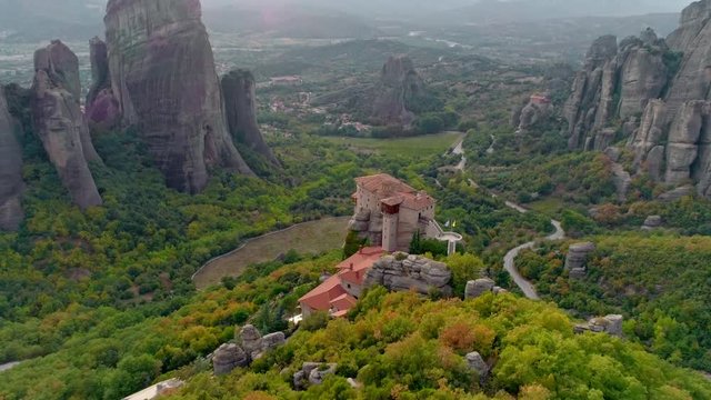 Aerial shot of Meteora, a rock formation in central Greece hosting one of the largest  complexes of Eastern Orthodox monasteries