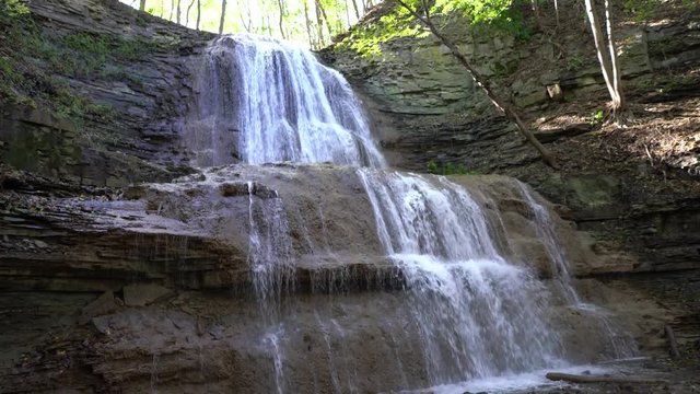 The epic 17 metre high curtain waterfall found in Ancaster Heights, Sherman Falls aka Smith's Falls and Whitton Falls. Steady static hand held shot in 4K, Hamilton, Ontario, Canada