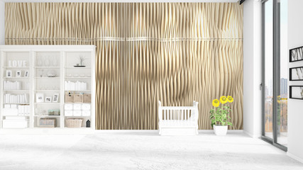 Scene with brand new interior in vogue with white rack, baby bed. 3D rendering, 3D illustration. Horizontal arrangement.