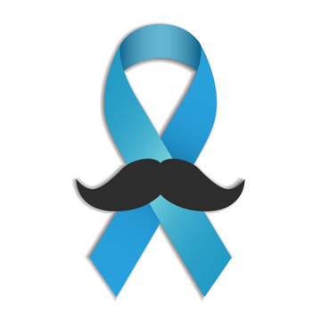 Blue ribbon with mustache and shadow isolated on white background for prostate cancer prevention or charity campaigns. Vector illustration of prostate cancer awareness month in november.